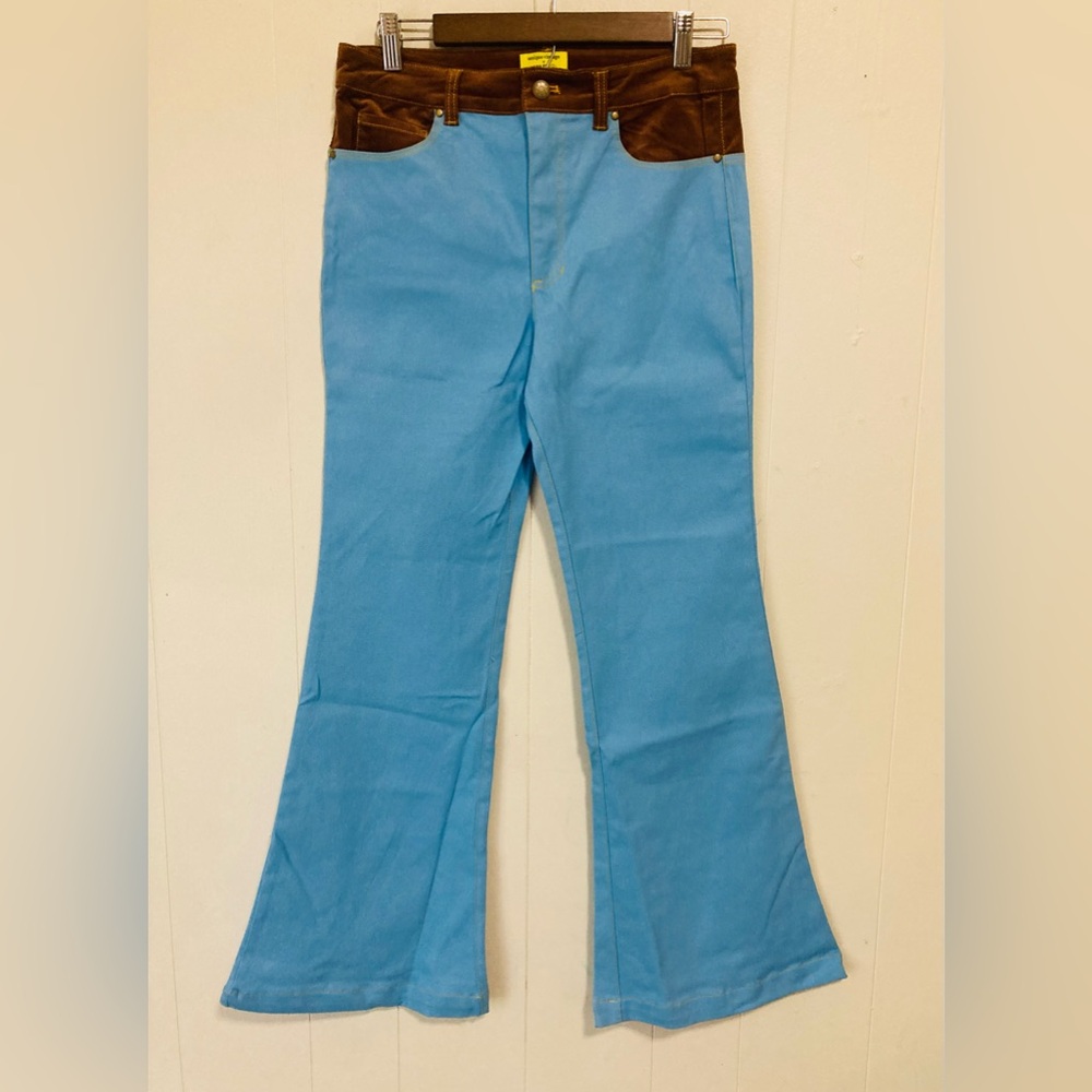 Unique Vintage X Smiley Cotton Blue & Brown Embroidered Flare Pants Large - Picture 4 of 14